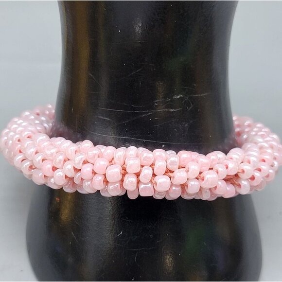 Natural Pink Opal Rondelle Bead Stretch Bracelet Size 7 Kumihimo Braiding - Picture 5 of 7